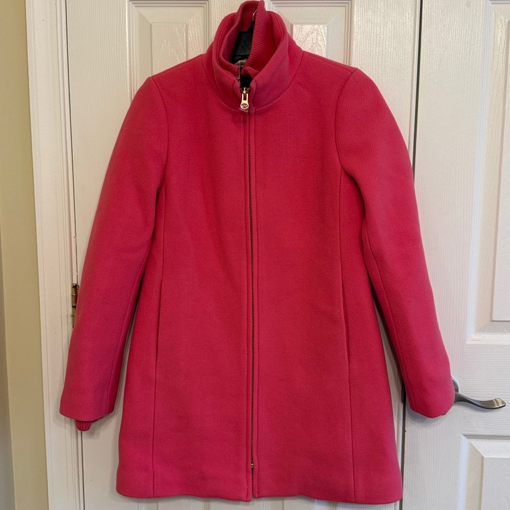 J Crew bright pink Italian Stadium Cloth by Nello Gori full zip wool coat size 0